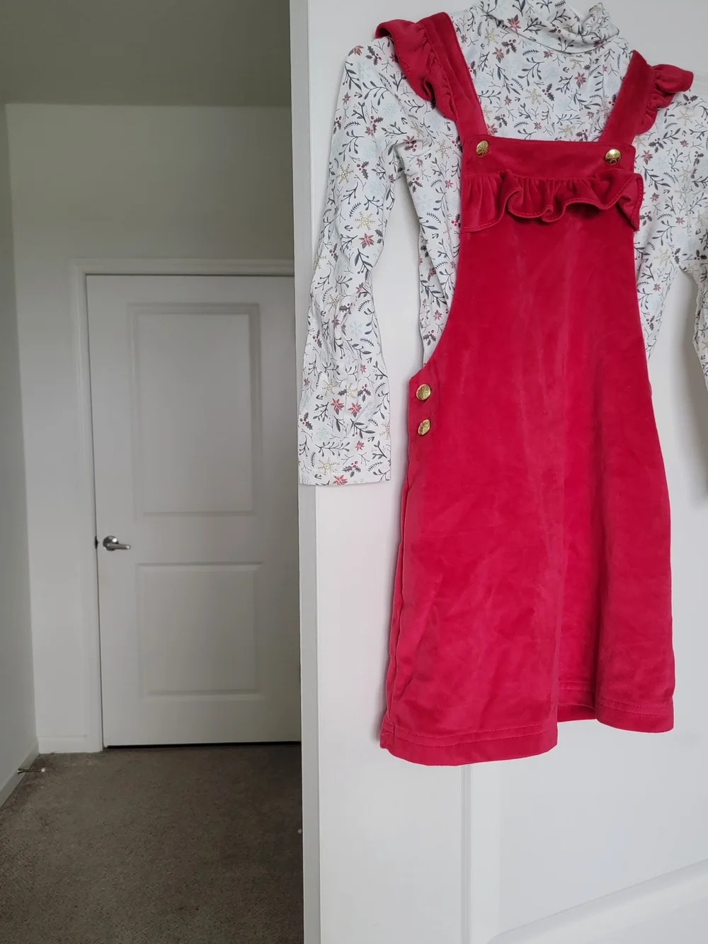 Girls Red Velvet Ruffle Pinafore Dress